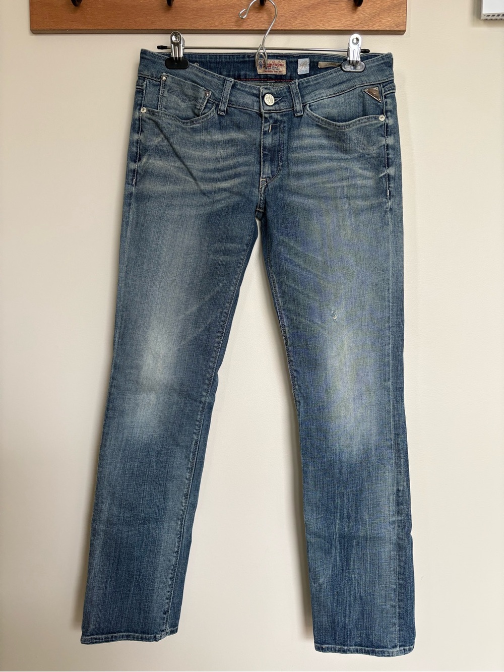 Replay Jennpez Womens Low Rise Straight Jeans Y2K Zip Pockets Blue Denim Sz 28